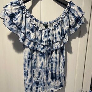 Ralph Lauren Blue and White Ruffled Sleeveless Blouse